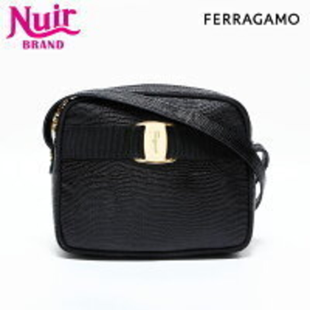 Salvatore Ferragamo Embossed Leather Vara Shoulder Bag Black